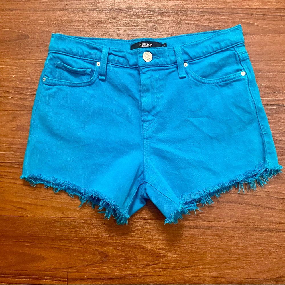 Hudson Gemma Mid Rise Frayed Hem Bright Turquoise DenimShorts Size 26